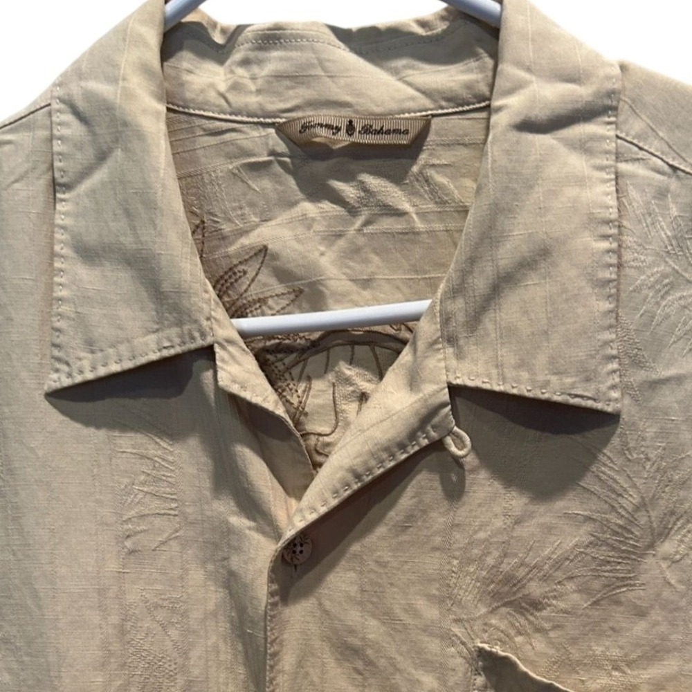Tommy Bahama Shirt XL Mens Beige Silk Linen Blend Jacquard Palm Leaf Camp Button